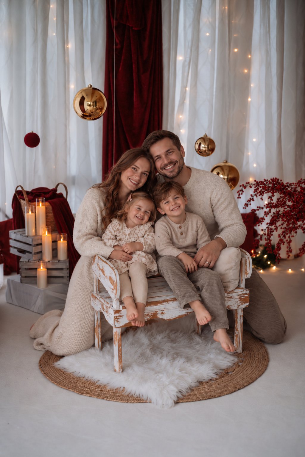 Weihnachtsset für die Weihnachtsminis von Leuchtraum Fotografie im Wintergarten in Starnberg, Kind auf einer Decke vor dem Tannenbaum